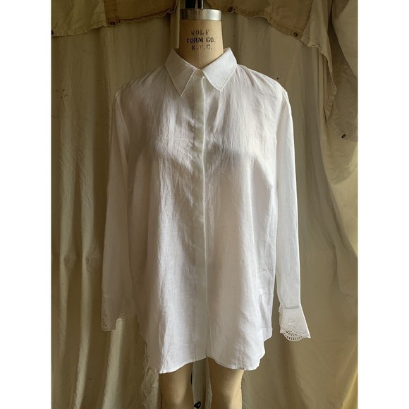 Ralph Lauren Women’s White Linen Button Down With Eylet Handkerchief Cuffs 14W - Picture 1 of 7